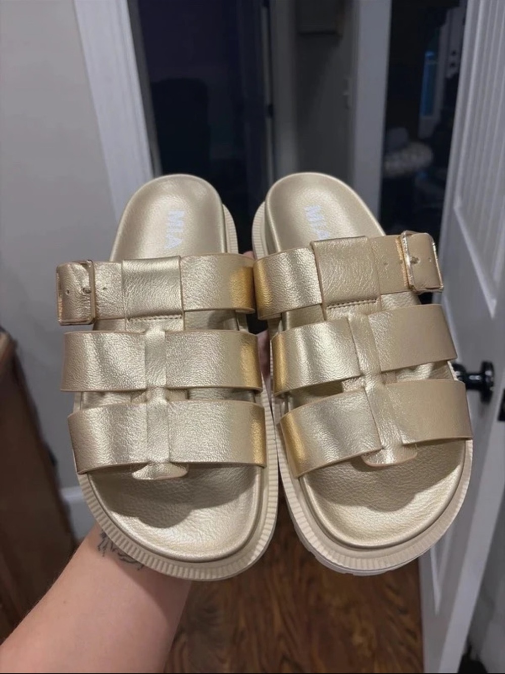 Metallic Gold Slide Sandals with Adjustable Straps